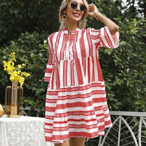 Women Dresses Summer 2021 Fashion V-Neck Striped Loose Half Sleeve Dress Print Mini Dress Party Dress Casual Beach Dress Vestido