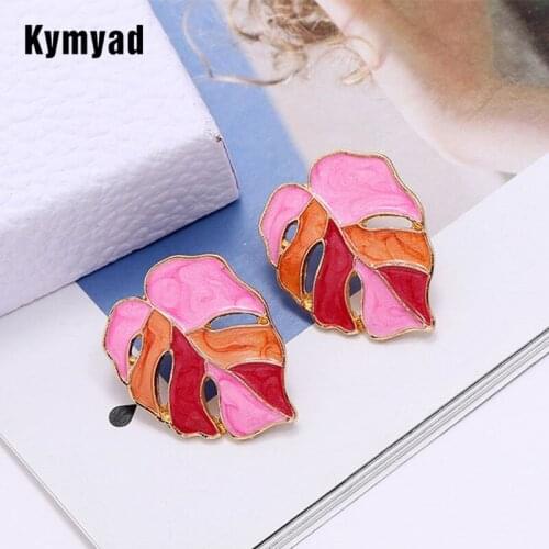 Kymyad Brincos Gold Color Stud Earrings For Women Bijoux Enamel Leaves Earings Fashion Jewelry Colorful Statement Earrings