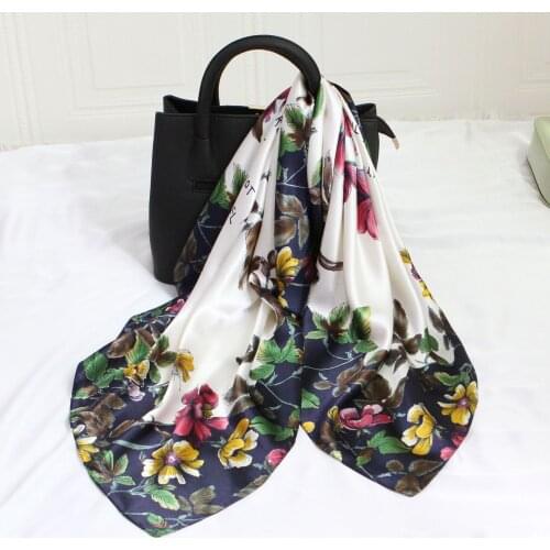 90*90cm Fashion Floral Print Kerchief Silk Satin Neck Scarf For Women Square Shawls and Wraps Elegant Hijab Scarves For Ladies