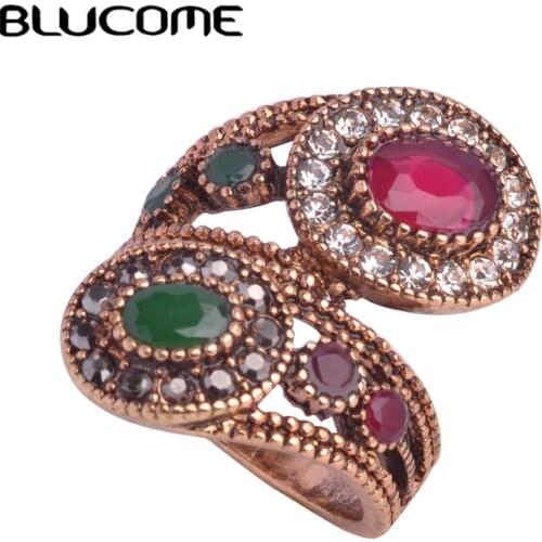 Blucome Women Best Gifts Brand Turkish Rings Antique Gold-color Vintage Jewelry Red Resin Crystal Ring Anel Bijoux Free Shipping