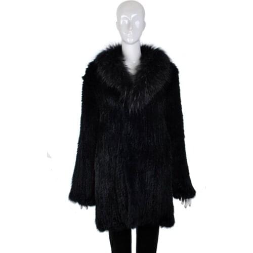 Manteau Femme Hiver European /American Woven Raccoon Fur Collar Casaco Pele Women Long Densely Knitted Rabbit Fur Coat Abrigos