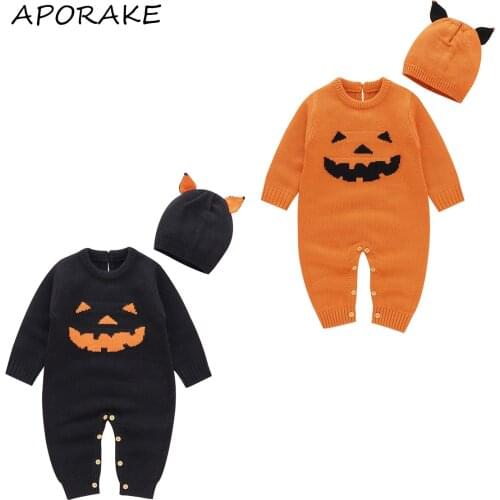 2021 0-18M Baby Halloween Outfit Boys Girls Smiling Face Long Sleeves Pumpkin Knit Romper+Cute Hat for Toddler Costume 2pcs