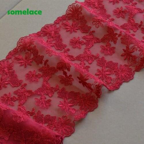 2Yds/Lot 17.5cm Wide Red Gazue Fluorescent Mirror Floral Pattern Embroidery High Quality Lace Trim For Garments And Wedding