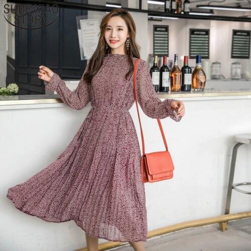 2021 Elegant Stand Collar Floral Print Chiffon Dress Full Sleeve Fashion Women Dresses Spring A-line Long Pleated Dress 3603 50