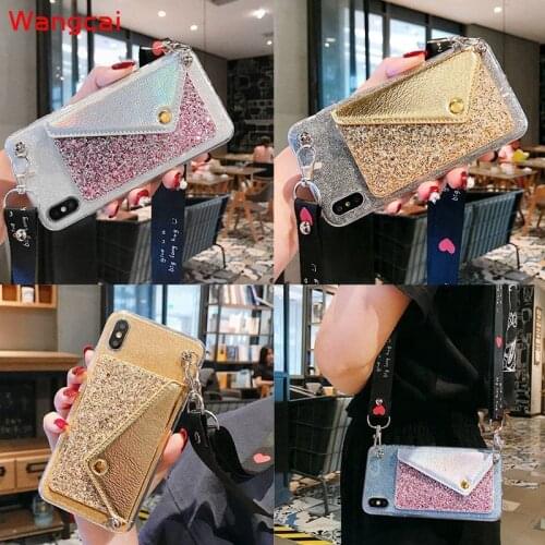 For Samsung Galaxy A70 A50 A30 A20 A10 A30S A50S A70S A20S S10 Note 10 Lite Case Wallet Card Glitter Bling Lanyard Soft Cover