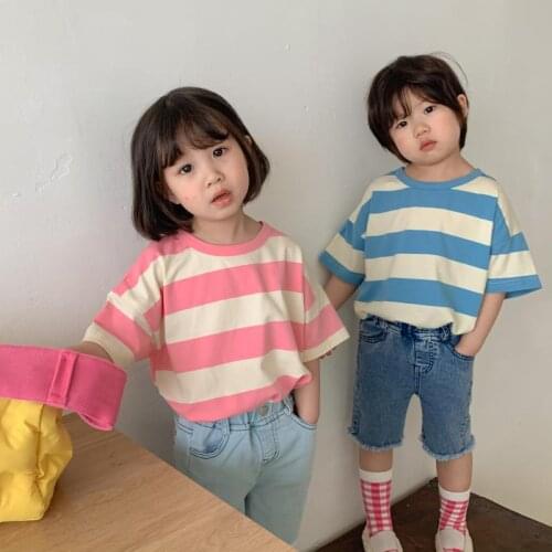 Boys Girls T-Shirt with Stripes Summer Kids Cotton Tops Tees Tee Fashion Korean Style Children Shirts 2-6 Year Kids Clothing Top