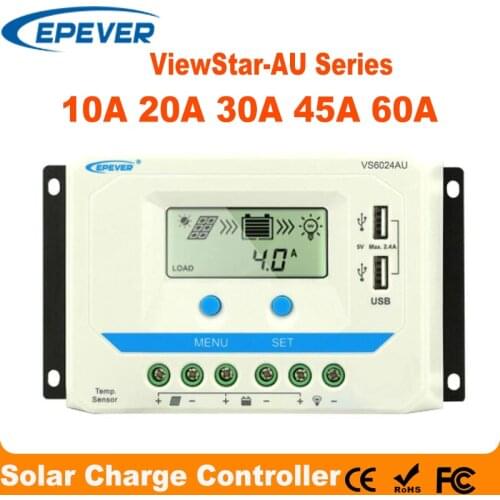 EPever 60A 45A 30A 20A 10A Solar Charger Controller 12V 24V Auto Backlight LCD Solar Panel Regulator Dual USB ViewStar-AU Series