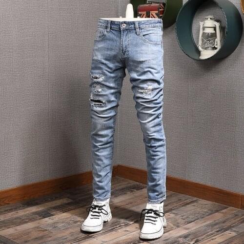 European American Street Fashion Men Jeans Retro Light Blue Slim Fit Ripped Jeans Men Patches Designer Hip Hop Denim Punk Pants
