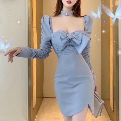 French Woman Renaissance Vintage Gentle Fairy Dress Harajuku Sweet Girl Square Collar Bowknot Sexy Slim Split Folds Chic Dress