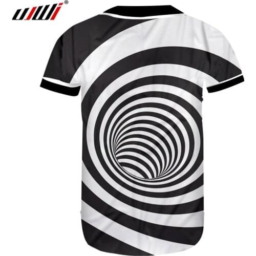 UJWI Mens New Trend Dizzy Stripes Tshirt 3D Printed Creative Black White Stitching Vortex Clothing Man Spandex Baseball Shirt