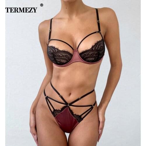 TERMEZY Classic Pink Bra Set Lingerie Push Up Brassiere Black Lace Underwear Set Sexy Bandage Panties For Women Underwear