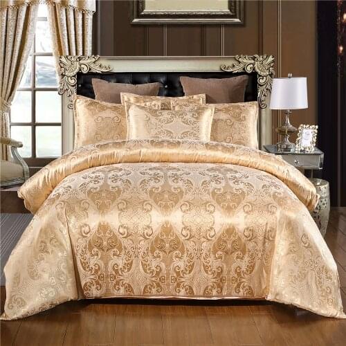 Chinese wedding style Jacquard Satin Silk Bedding Set Embroidered Pillowcase Duvet Cover King Queen size Bedclothes