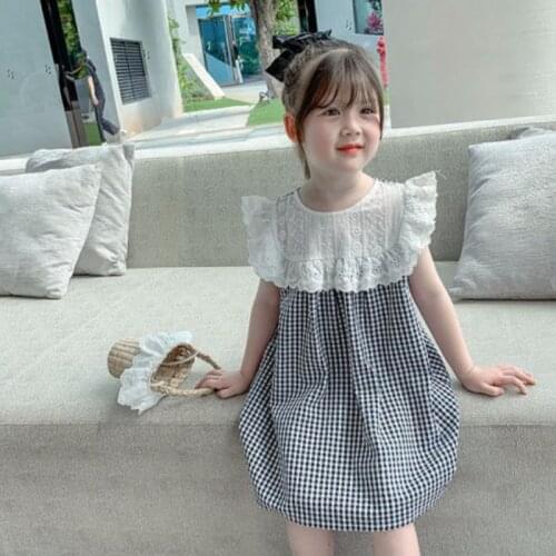 Summer Girls' Dress Plaid Lace Costumes Short Sleeve Sweet Princess Dress Korean Style Baby Kids ChildrenS Clothing For Girl