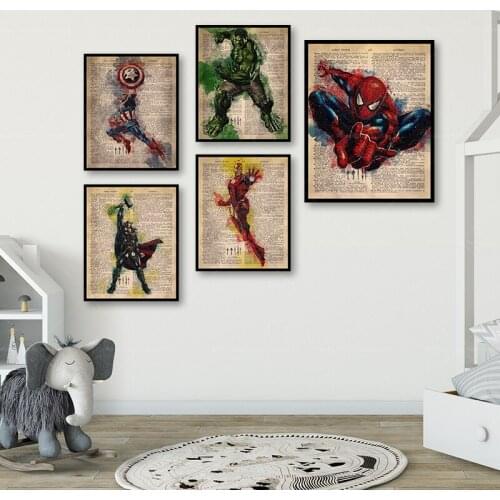 Marvel Captain America Spider-Man Iron Man Newspaper Watercolor Art Poster Canvas Painting Living Room Bedroom Home Decor Cudros