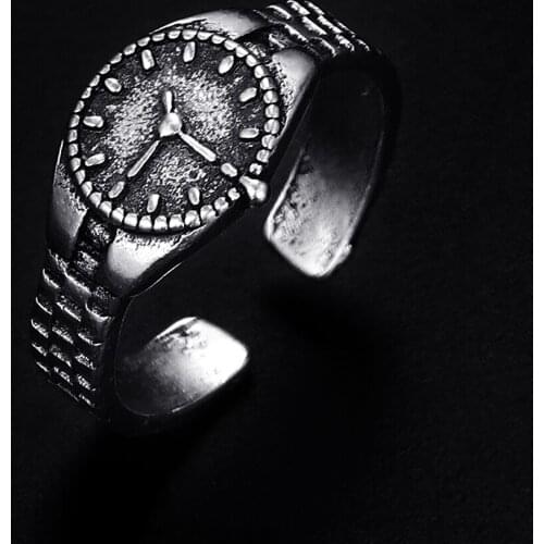 Trendy Vintage Watch Shape Antique Silver Plated Punk Hiphop Rock Style Resizable Rings for Women Girl & Man Retro Party Jewelry