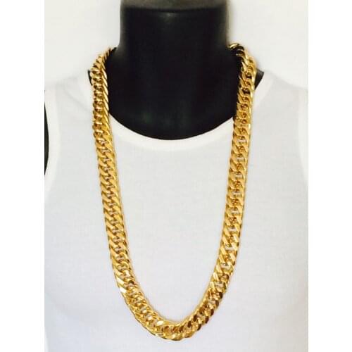 Mens Miami Cuban Link Curb Chain Real 24k Yellow Solid Gold GF Hip Hop 10MM Thick Chain JayZ Epacket FREE SHIPPING
