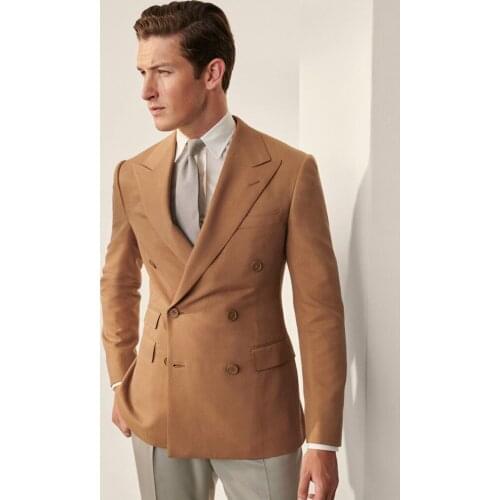 ANNIEBRITNEY Brown Double Breasted Brown Slim Fit Men Suit 2 Piece Skinny Groom Wedding Tuxedo Tailor Made Prom Wedding Suit