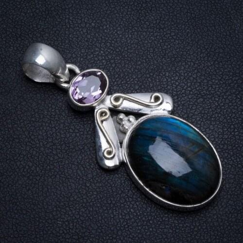 Natural Labradorite and Amethyst Handmade Mexican 925 Sterling Silver Pendant 2" T0046