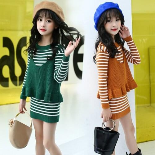 New 2020 Spring Autumn Baby Girl Clothes Girls Clothing Sweater Set Long Sleeve Striped Knit Sweater Dress+Sling Vest 2Pcs Suit