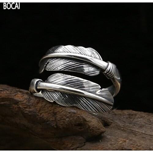BOCAI New Real S925 Silver Feather Ring Simple Retro Roman INS style Hip-hop Man and Woman rings