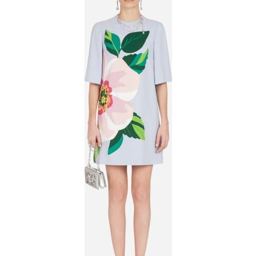 New 3D Flower Print Women Dress Fashion O-Neck Work Dresses 3181