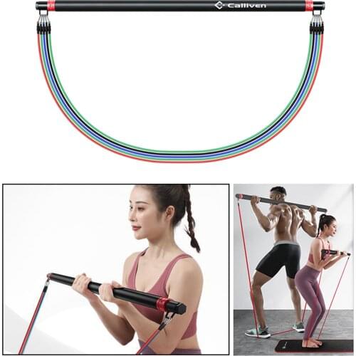 Pilates Bar Folding Gym Resistance Bands 100lbs Women Men Workout Abs Butt