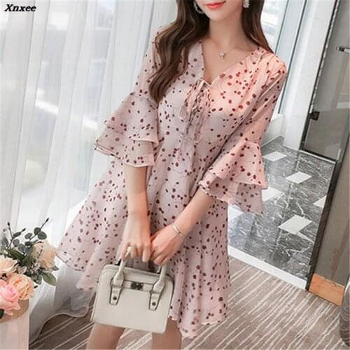 2018 Summer Dresses Series Spring Chiffon Vintage Print Beach Dress Casual Loose Sleeve Dresses Vestidos Xnxee