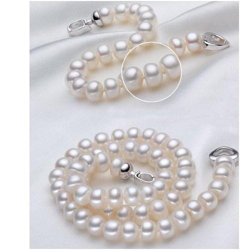 Wedding Woman Jewelry Set 9-10mm AAA Natural Freshwater Pearl Necklace Bracelet Heart Clasp
