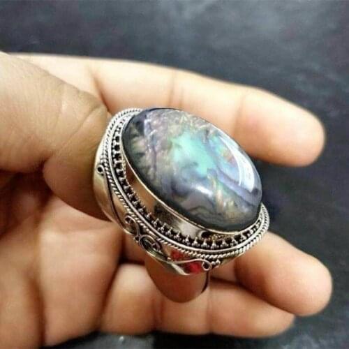 Bohemia Geometry Round Resin Stone Rings for Women Vintage Opal Silver Color Chunky Finger Ring Exaggerated Ethnic Jewelry