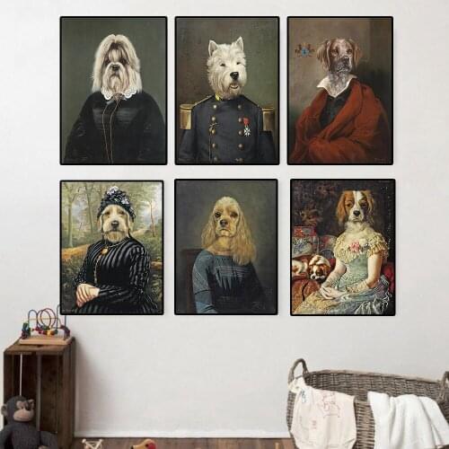 Vintage Art Poster Dog Head Animal Retro Nostalgia Gentlewoman Oil Painting Print Wall Canvas Picture for Living Room Cuadros