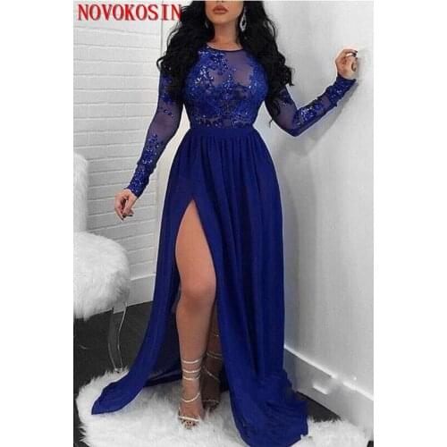 Long Sleeves Royal Blue Prom Dresses 2019 Mermaid Sequins Appliques Side Split Backless Party Gowns
