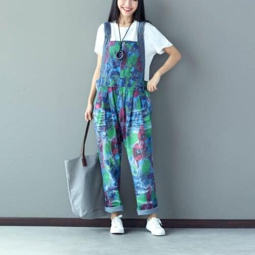 Ladies Wide Leg Jumpsuits Women Casual Printed Denim Jumpsuits Retro Bleached Scratched Pattern Print Denim Overalls Rompers