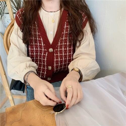 Retro Plaid Knitted Sweater Vest Womens Autumn Winter 2021 Korean Loose Sweaters Single Breasted V-neck Sleeveless Waistcoat