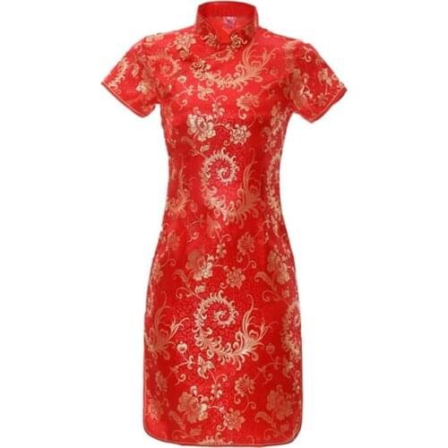 Red Satin Qipao Summer Lady Traditional Chinese style Cheongsam Dresses Women Mandarin Collar Silm Qipao dress Plus Size S-XXL