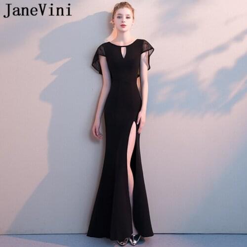 JaneVini 2018 Simple Black Long Bridesmaid Dresses for Women Satin O-Neck Zipper Back High Split Floor Length Mermaid Prom Gowns