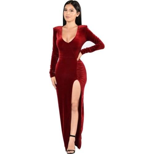 Women Fashion Autumn Split Formal Dress Female Elegant Evening V Neck Long Sleeve Bodycon Maxi Dresses Lady Party Floor Dress