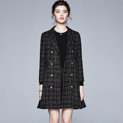 Vintage Tweed Checked Dresses Double Breasted Plaid Fashion Style Suit Coat Dress Women Plus Long Sleeve Office Lady SEXI DRESS