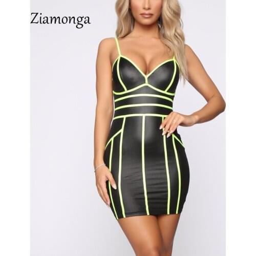 Ziamonga Sexy Spaghetti Strap Patchwork Women Bandage Dress V-Neck Mini Dresses Celebrity Party Club Bodycons Zipper Vestidos