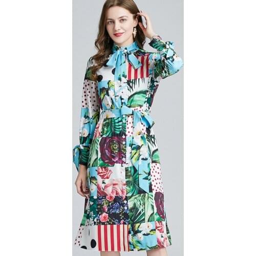 2021 Early Spring Summer Dresses Color Block Contrast Color Shirt Dresses Slim Bow Long Sleeve Bowknot Printed Chiffon Dress