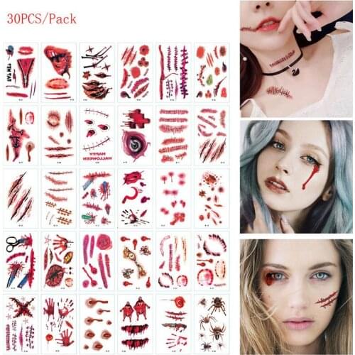 30 PCS/Set DIY Halloween Terror Temporary Tattoo Sticker 3D Realistic Wound Blood Scar Body Art Stickers For Jokes Party Props
