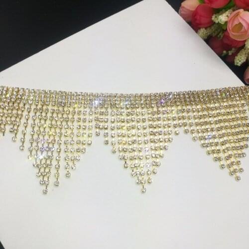 50cm Length Handmade sewing tassel trim bridal sash crystal gold clear rhinestone appliques for wedding dresses belt DIY sew on
