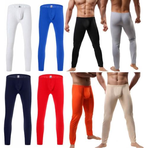 Mens Sexy Long Johns Smooth and Soft Big Penis Pouch Leggings Underwear Short Home Sheer Lounge Pants Gay Sleepwear Underpants