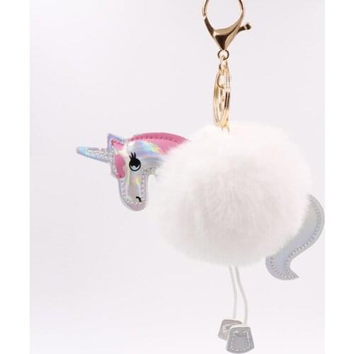 Explosion unicorn keychain imitation rabbit hair ball pendant PU leather cartoon plush bag key ring Pompon Women Bag Jewelry