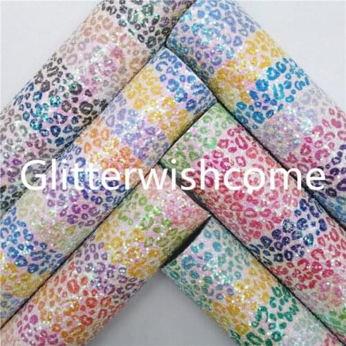 Glitterwishcome 21X29CM A4 Size Synthetic Leather, Rainbow Glitter Leather, Leopard Leather fabric Vinyl for Bows, GM766A