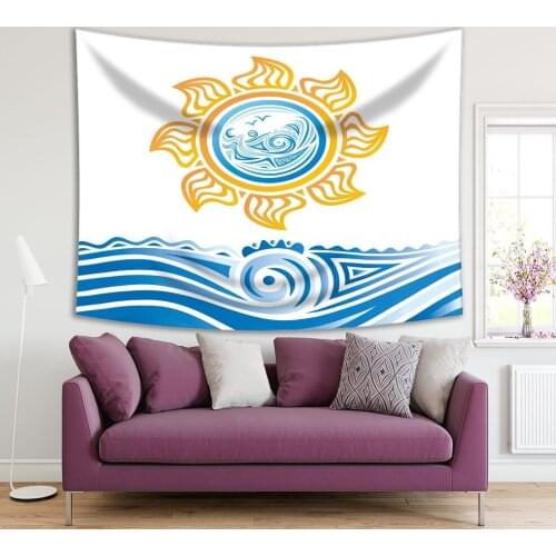 Tapestry Happy Sun and Sea Summer Holidays Fun Modern Artwork Printed Blue Yellow