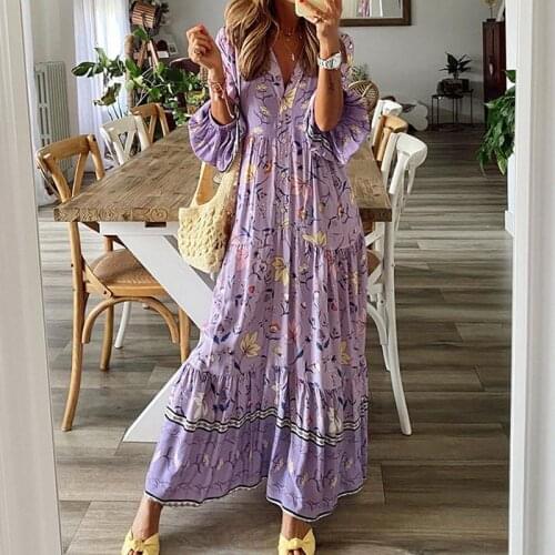Khalee Yose Floral Printed Maxi Dress purple Boho Summer Holiday Dresses for Women button front Casual Chic Ladies Female Dress