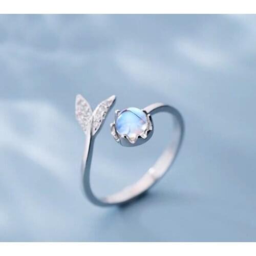 Silver Color Cute Fishtail Moonstone Open Rings Luxury Shiny Zircon Cat Dolphin Snail Star Moon Tassel Party Elegant Finger Ring