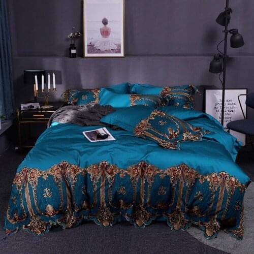 Embroidery Long Egyptian Cotton Bedding Set 4 Pcs Lace Wedding Duvet Cover Set Pillowcases Bedspread Queen King Size