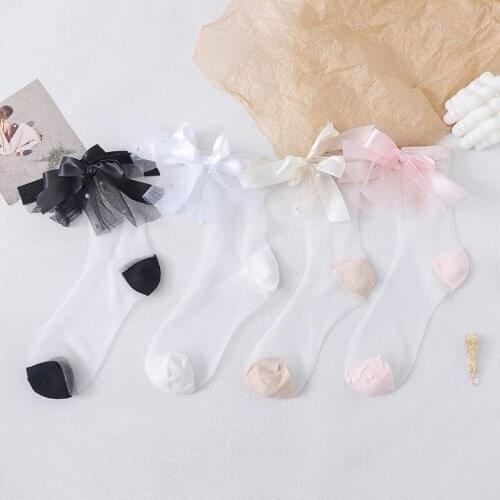 2021 Summer Casual Thin Socks Transparent Sock Fresh Kawaii Solid Colors Short Stocks Retro Pearl Lace Bow Mesh Glass Yarn Socks