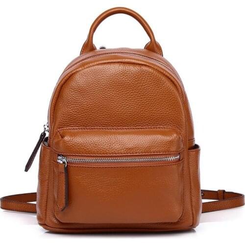 Small Women Leather Backpack Fashion Simple Casual Lady Rucksack Soild Zipper Girl Backpack Genuine Leather Travel Backpack Bag